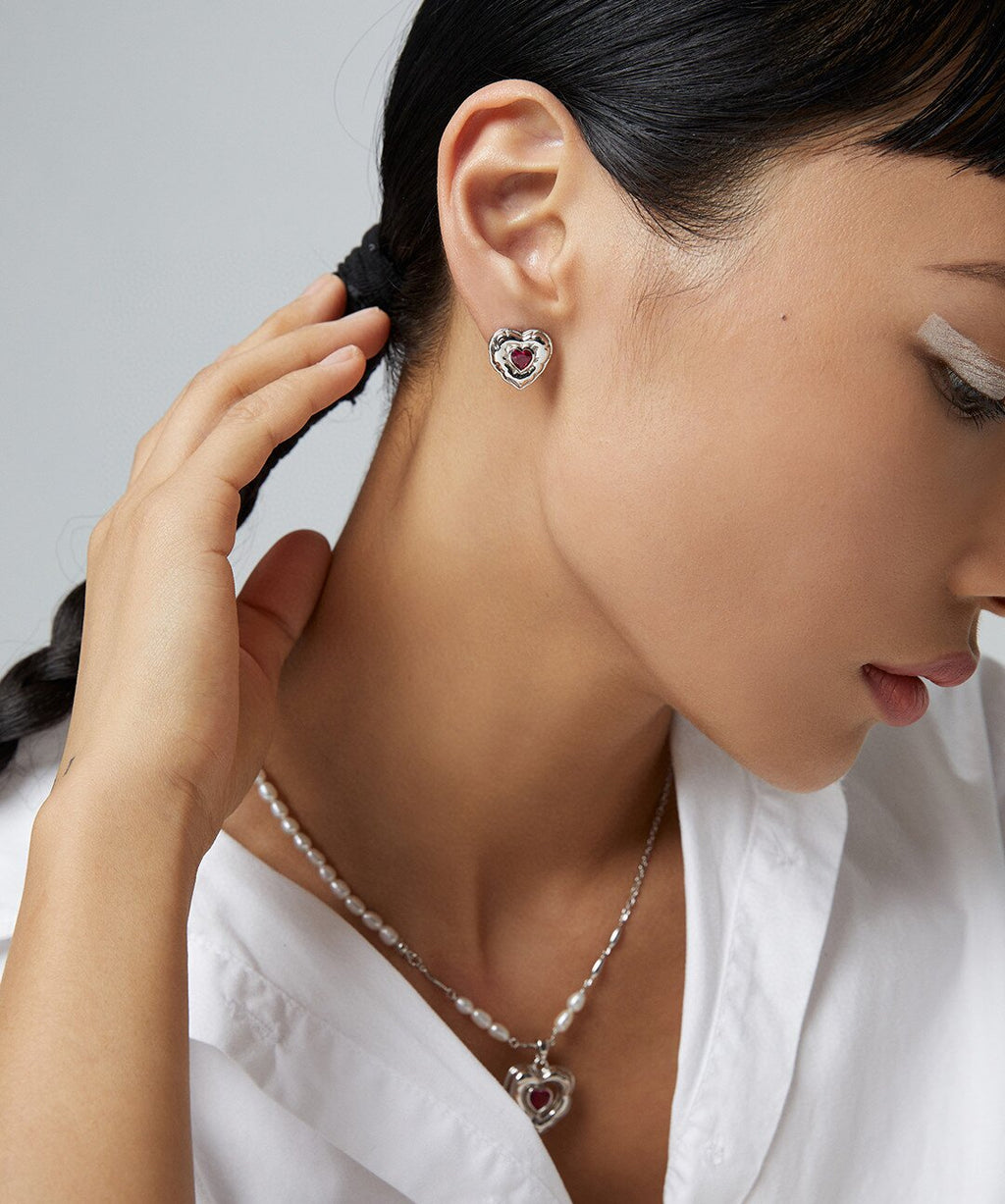 Sliver Pearl Choker with Red Heart Pendant/Earrings Set