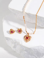 Gold Plated Red Crystal Heart Earrings & Necklace Set