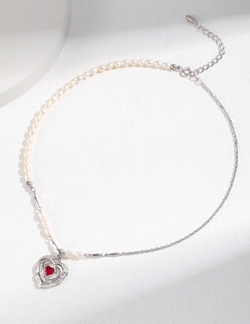 Sliver Pearl Choker with Red Heart Pendant/Earrings Set