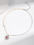 Sliver Pearl Choker with Red Heart Pendant/Earrings Set