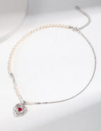 Sliver Pearl Choker with Red Heart Pendant/Earrings Set