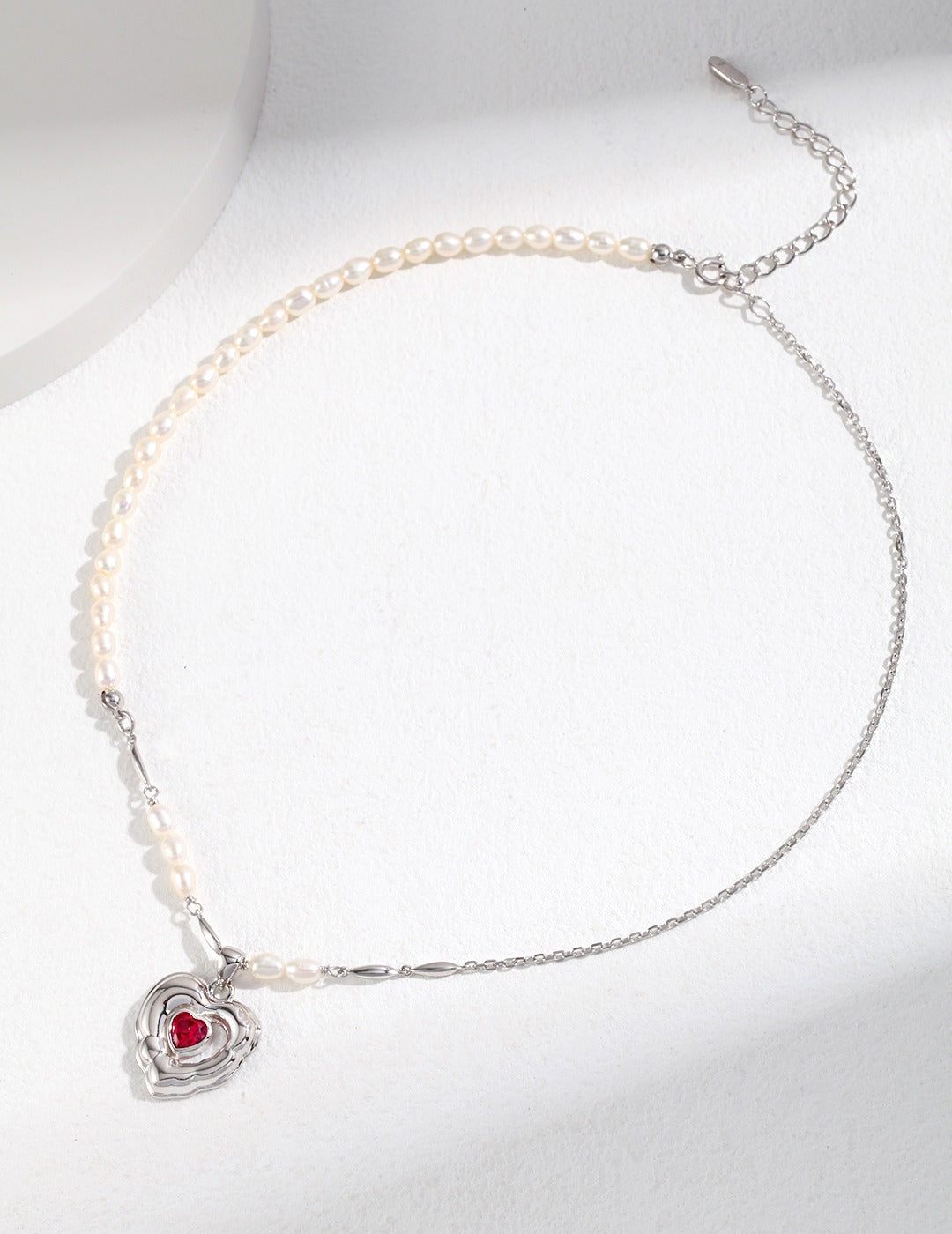 Sliver Pearl Choker with Red Heart Pendant/Earrings Set