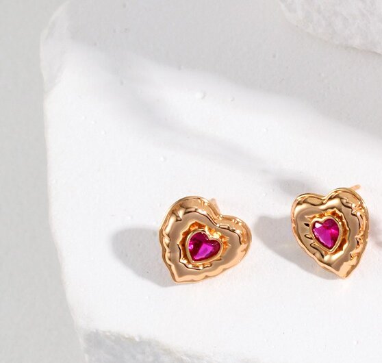 Gold Plated Red Crystal Heart Earrings & Necklace Set
