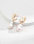 Baroque Pearl Geometric Drop Earrings