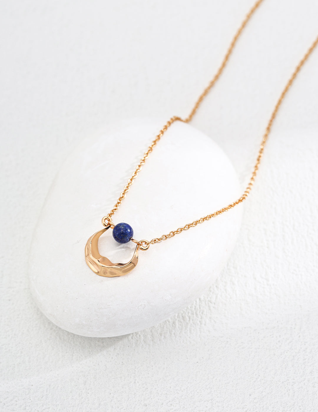 Gold Hammered Moon Lapis Necklace
