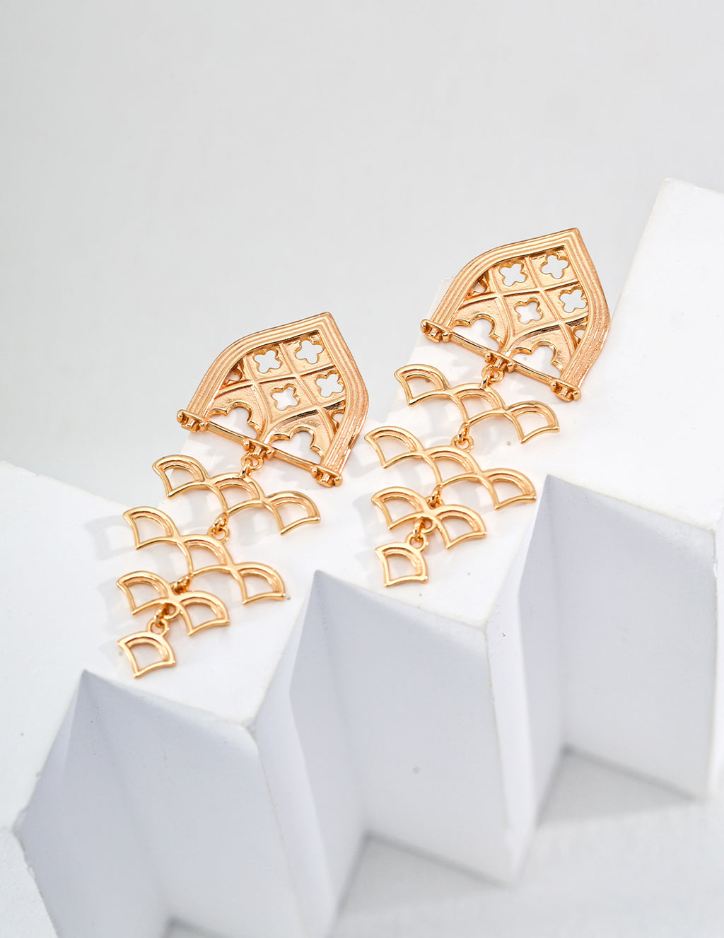 Gothic Window Tiered Gold Drop Earrings