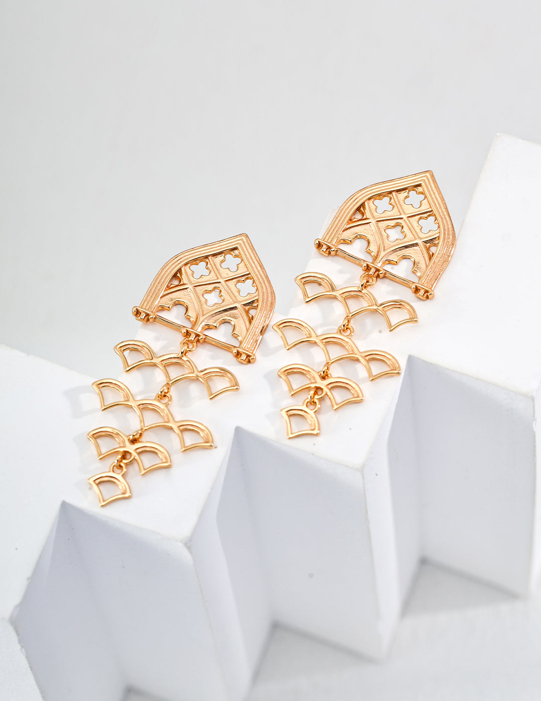 Gothic Window Tiered Gold Drop Earrings
