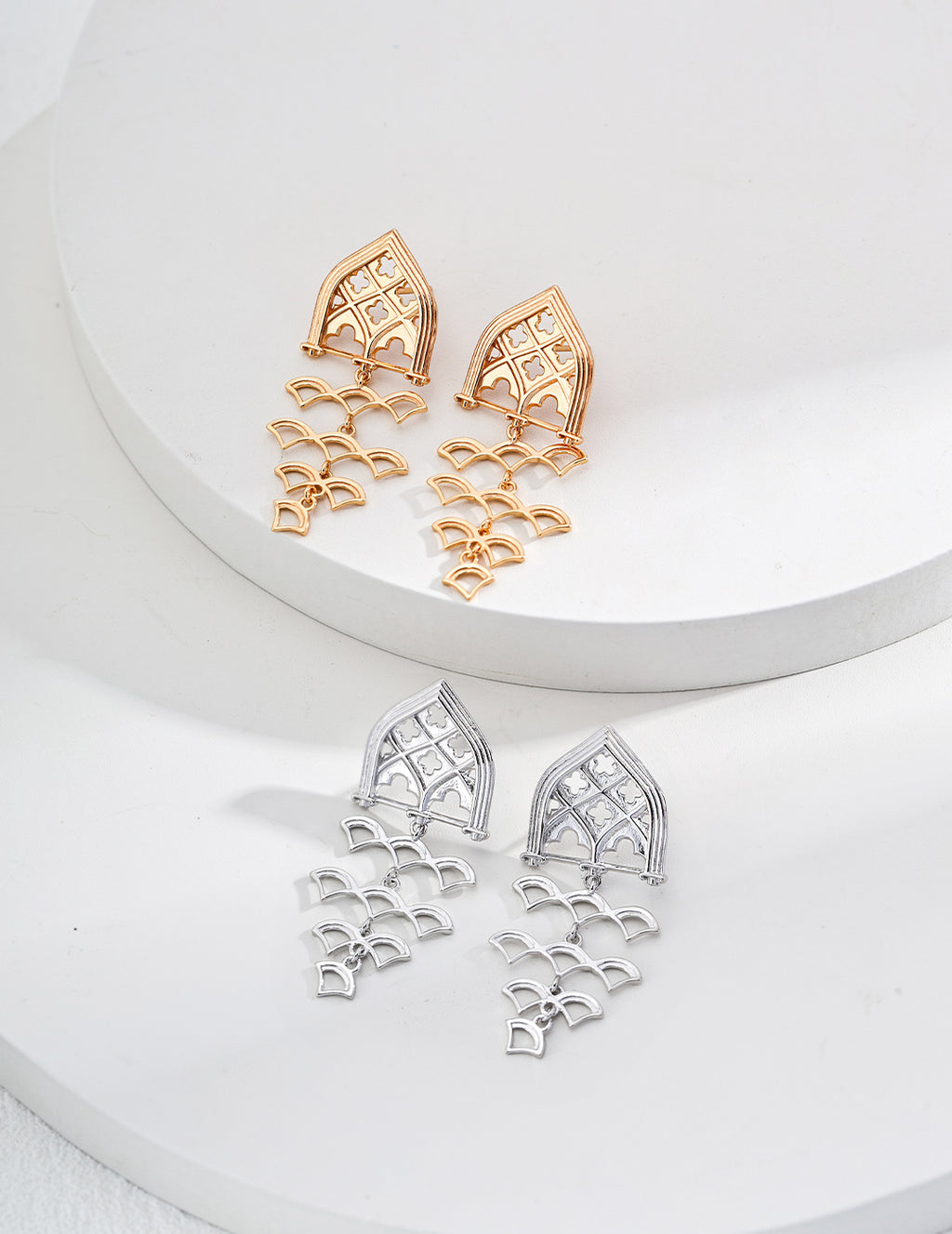 Gothic Window Tiered Gold Drop Earrings