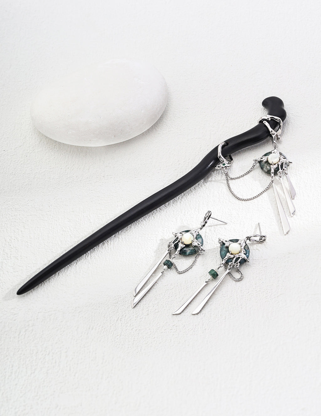 Wood Hairpin & Moss Agate Earring Set