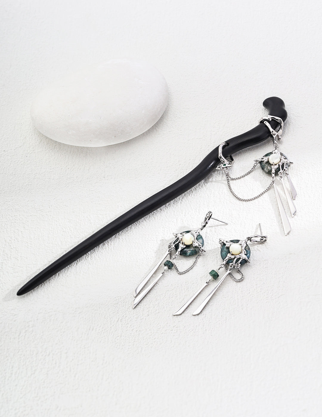Wood Hairpin & Moss Agate Earring Set