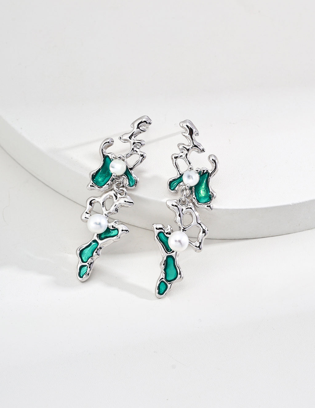 Abstract Green Enamel & MOP Drop Earrings