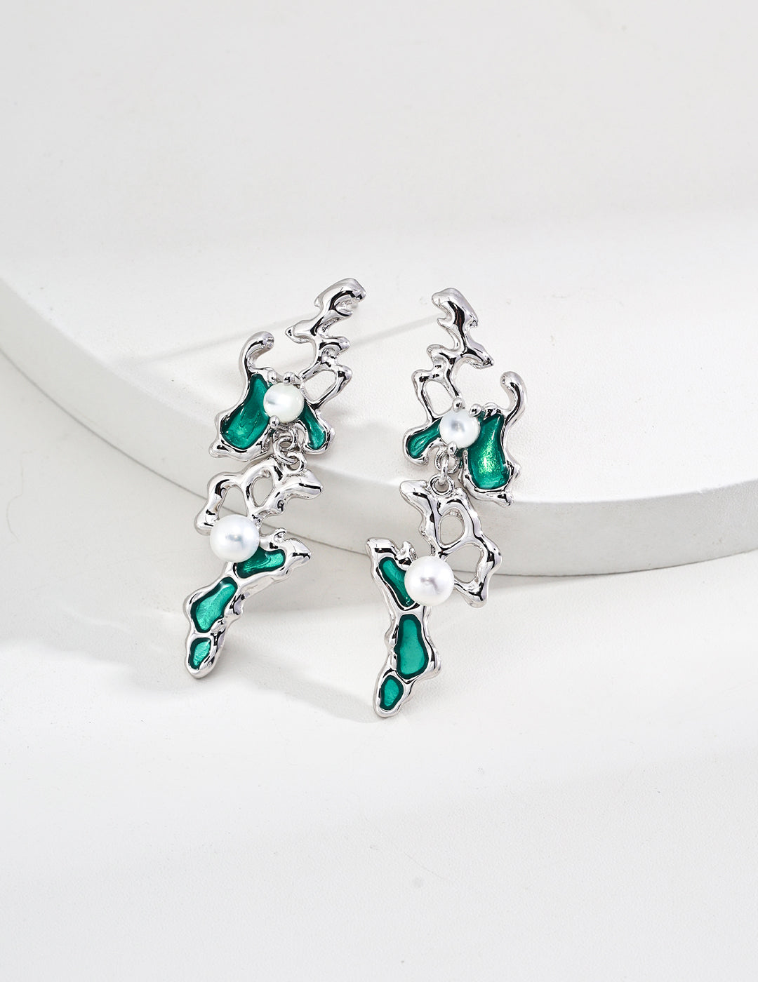 Abstract Green Enamel & MOP Drop Earrings
