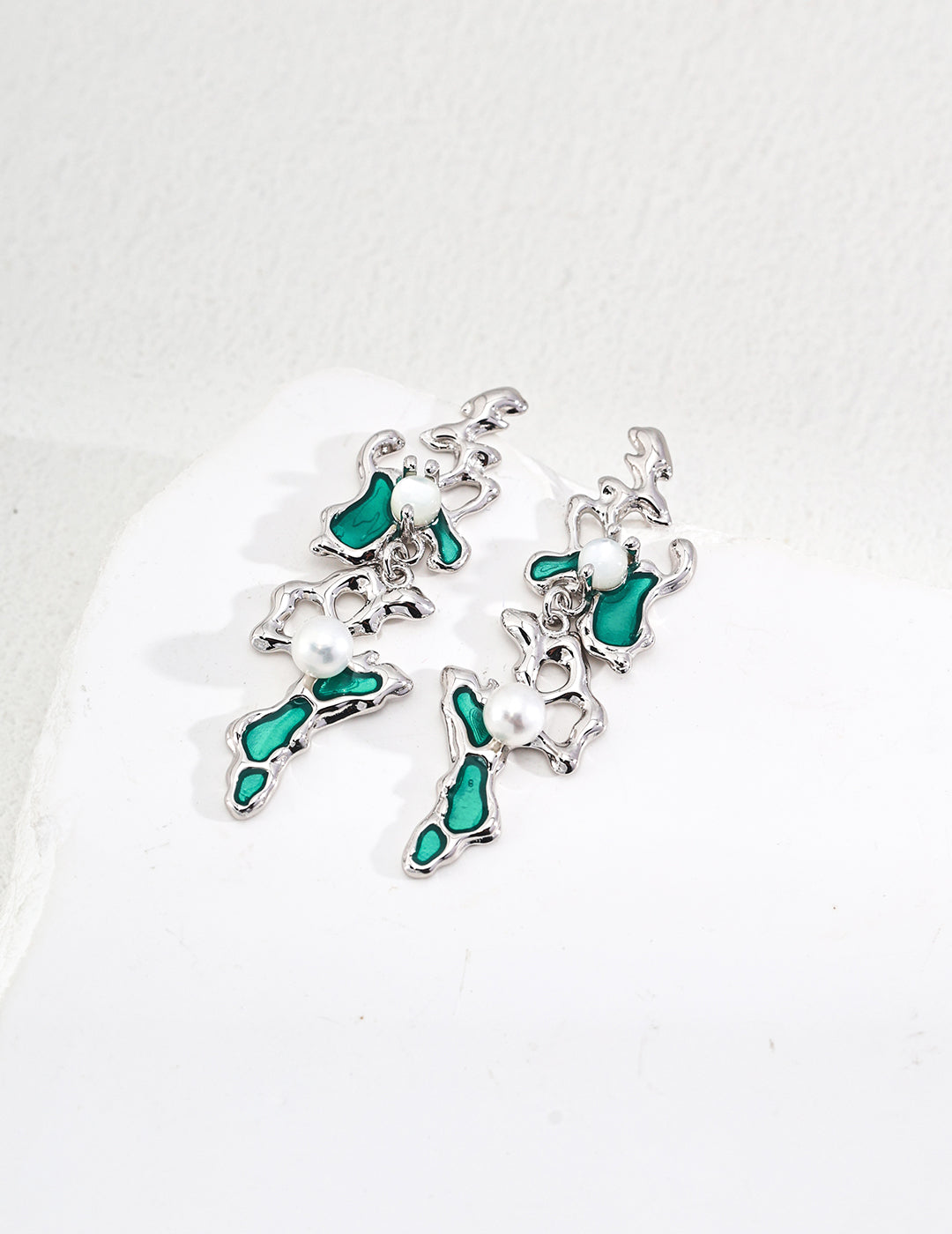 Abstract Green Enamel & MOP Drop Earrings