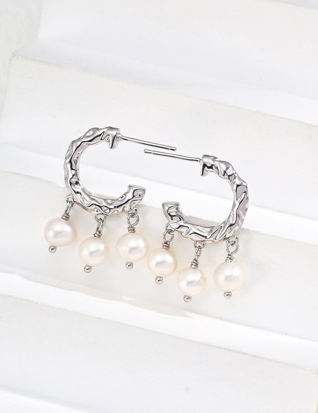 Hammered Hoop Pearl Drop Earrings