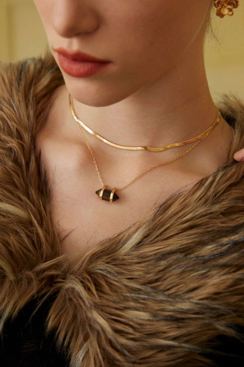 Gold Rough Stone Tiger Eye Matching Ear & Neck Set