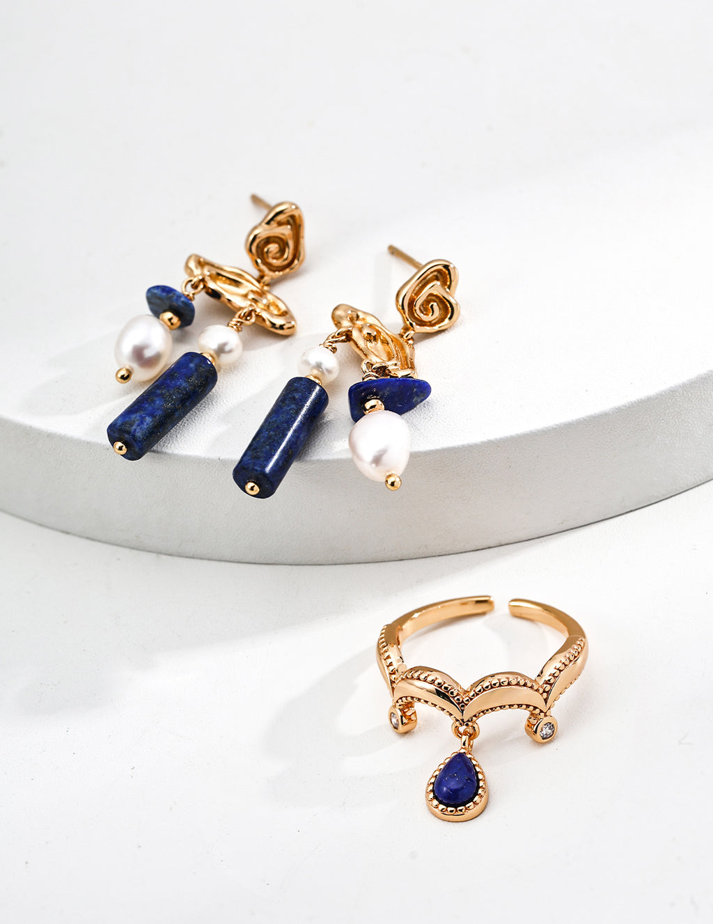 Gold Milgrain Lapis Teardrop Dangle Ring/Earrings/Full set