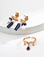 Gold Milgrain Lapis Teardrop Dangle Ring/Earrings/Full set