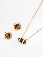 Gold Rough Stone Tiger Eye Matching Ear & Neck Set