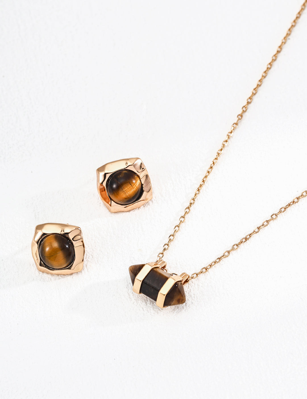 Gold Rough Stone Tiger Eye Matching Ear & Neck Set