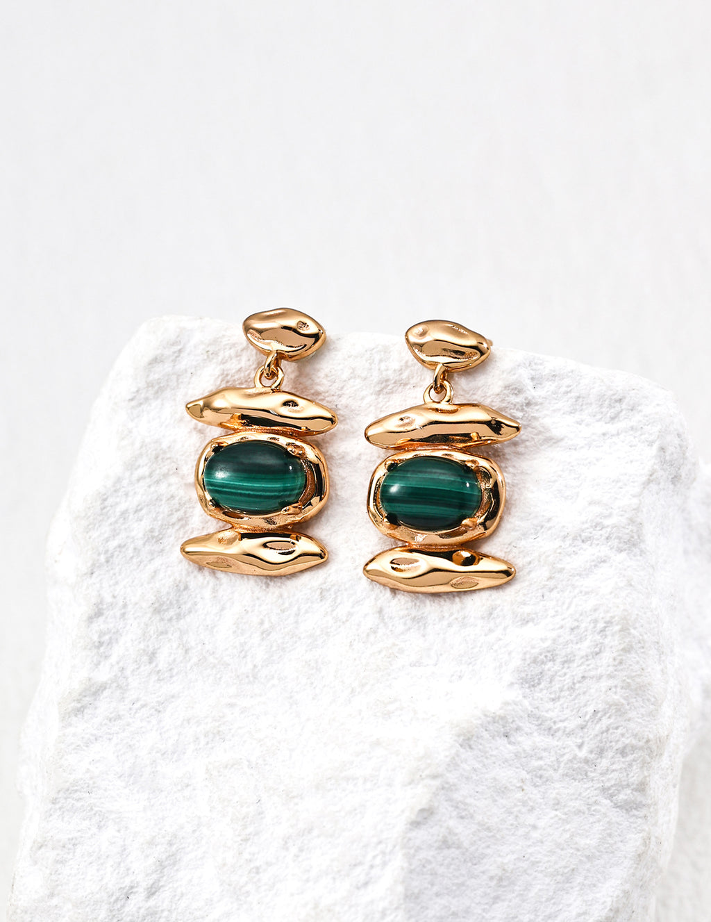 Gold Organic Shape Malachite Statement Earrings