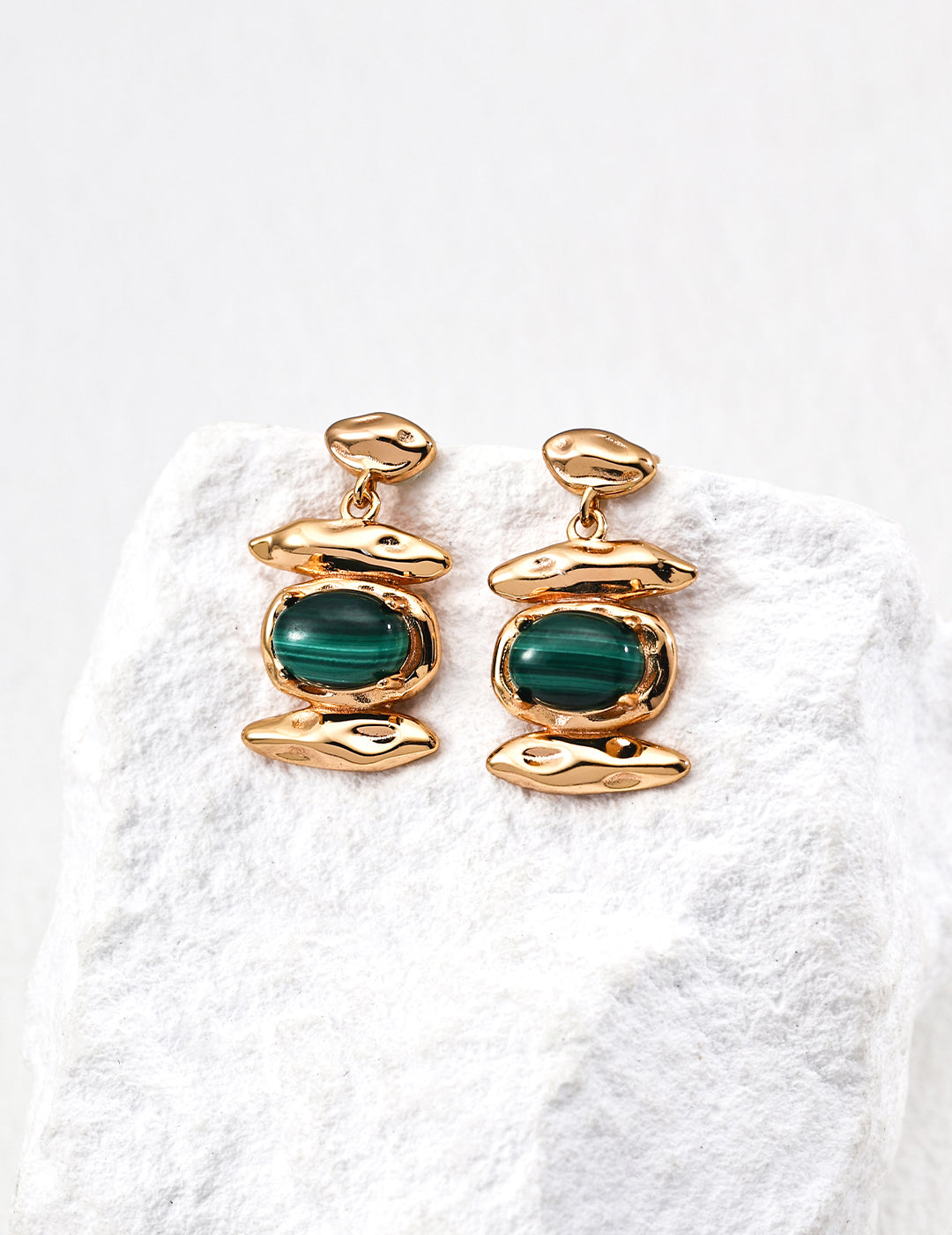 Gold Organic Shape Malachite Statement Earrings