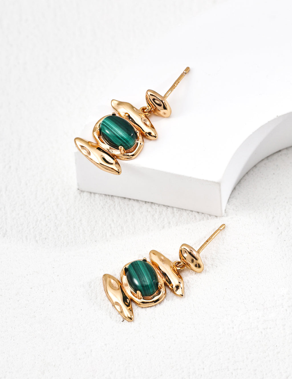 Gold Organic Shape Malachite Statement Earrings