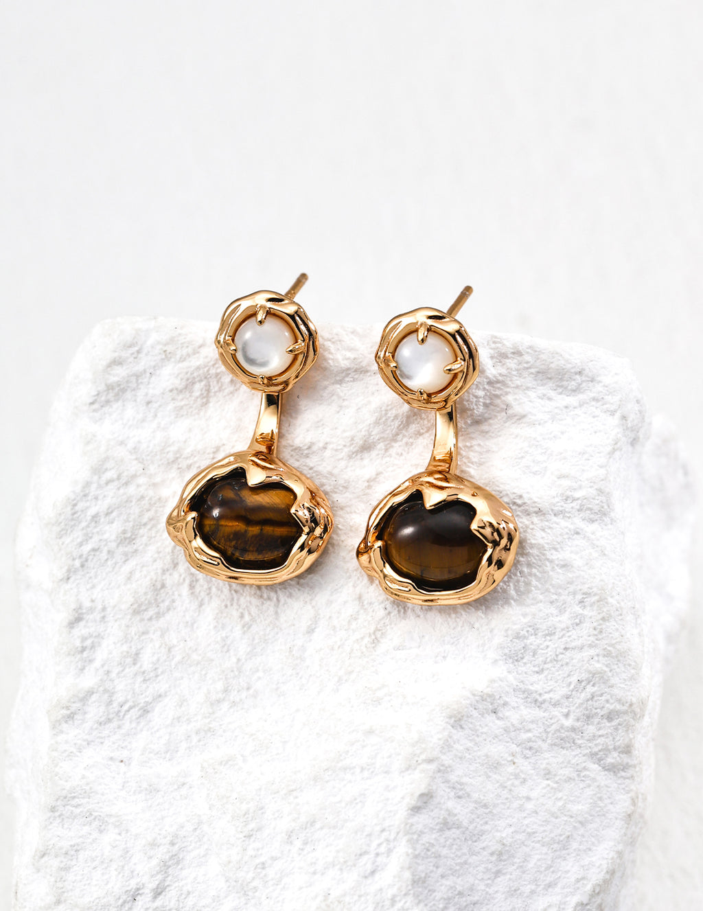 Two-Tone Tiger Eye MOP Convertible Dangle Earrings