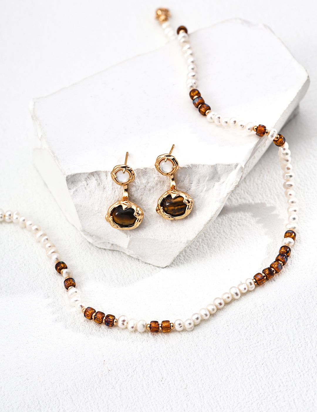 Two-Tone Tiger Eye MOP Convertible Dangle Earrings