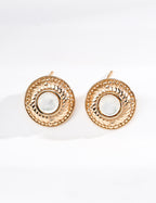 Gold Sun Pattern Shell Pearl Round Earrings