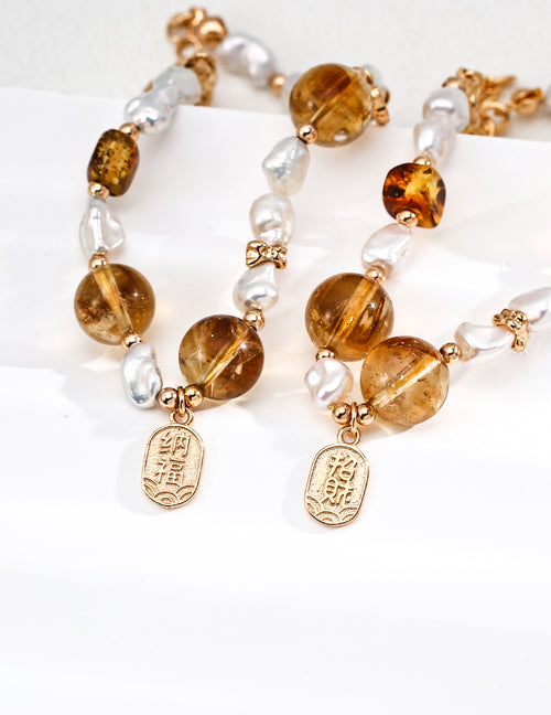 Amber Citrine Pearl Lucky Charm Bracelet
