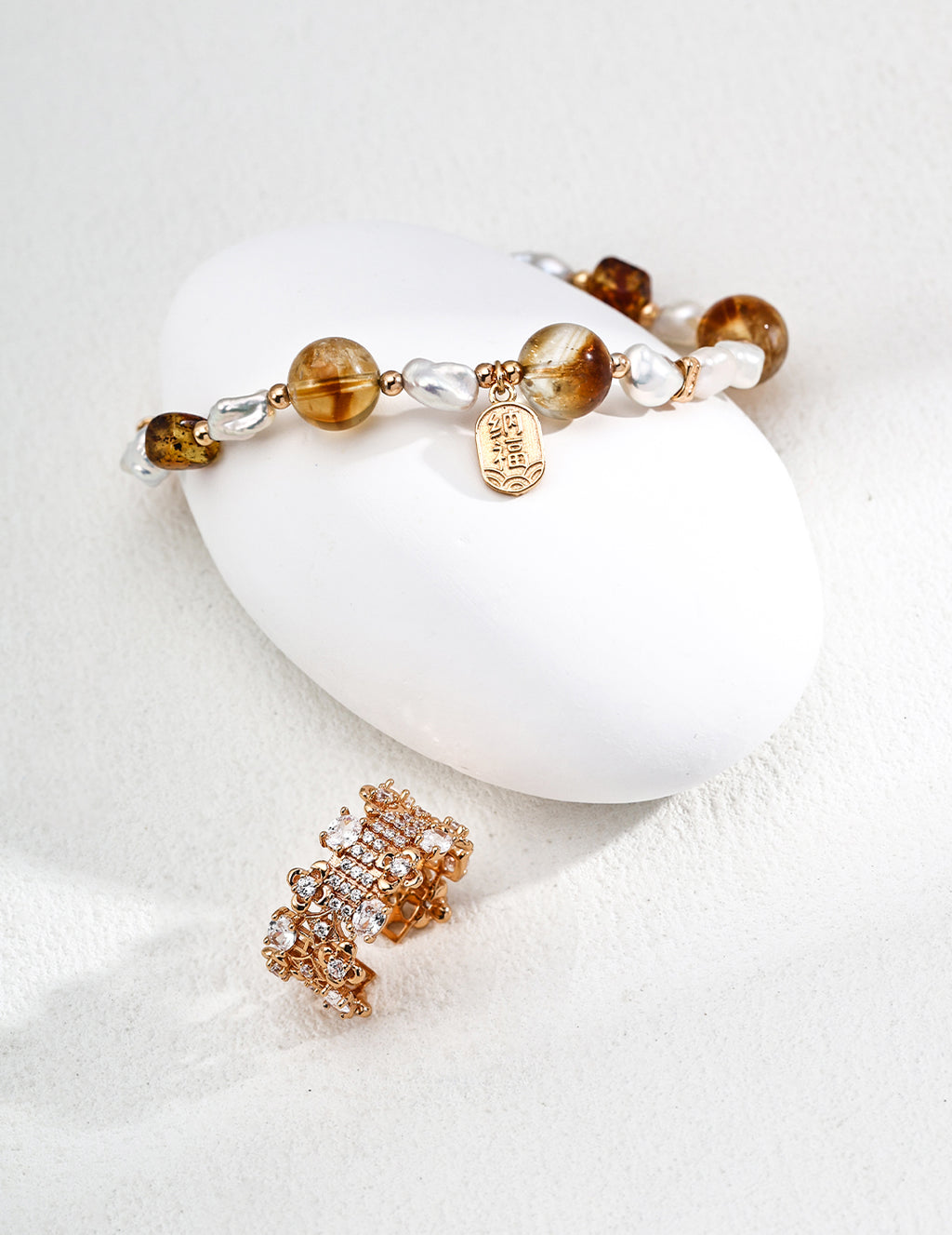 Amber Citrine Pearl Lucky Charm Bracelet