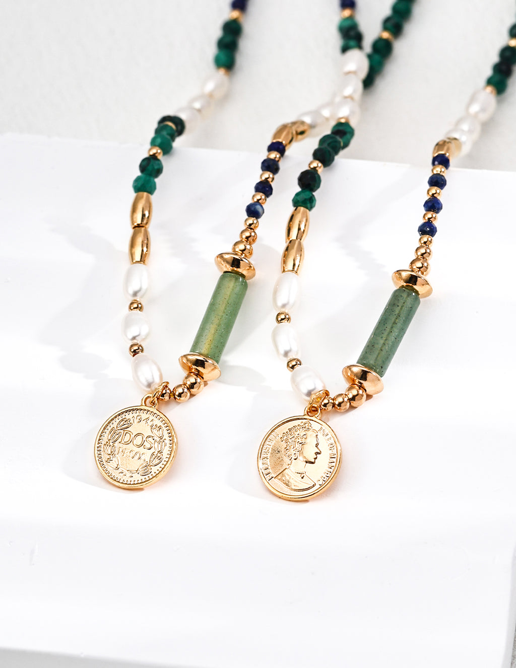 Vintage Coin Gemstone Pearl Necklace