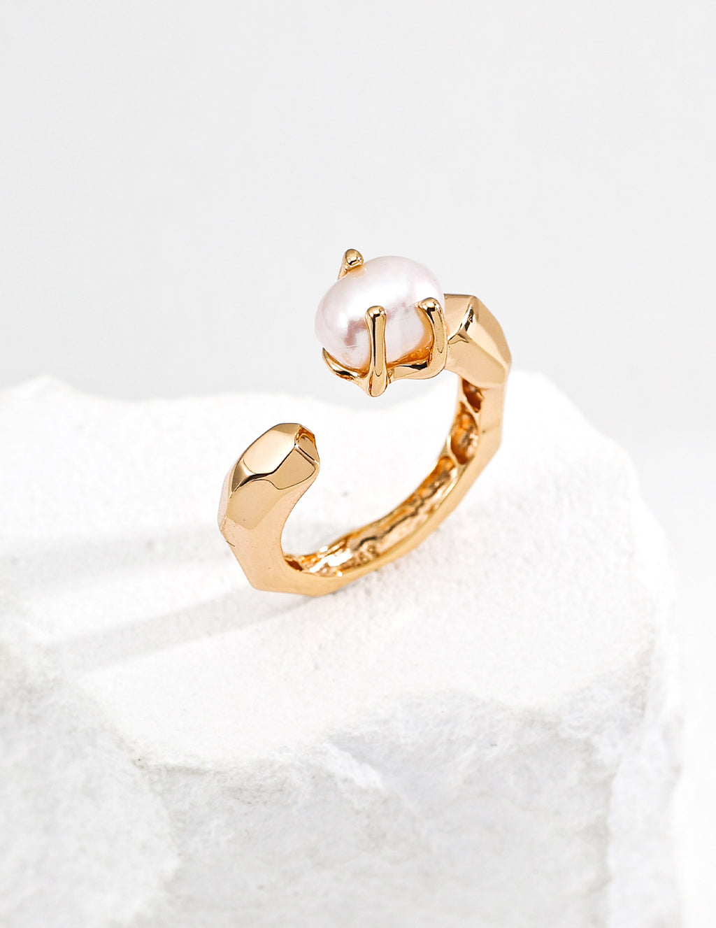 Gold Faceted Pearl Open Cuff Ring