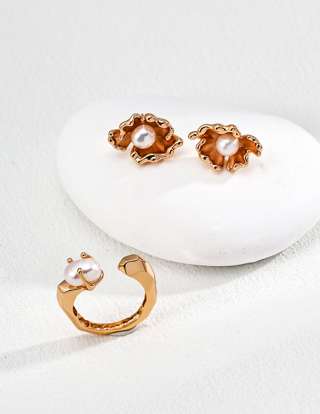 Gold Faceted Pearl Open Cuff Ring