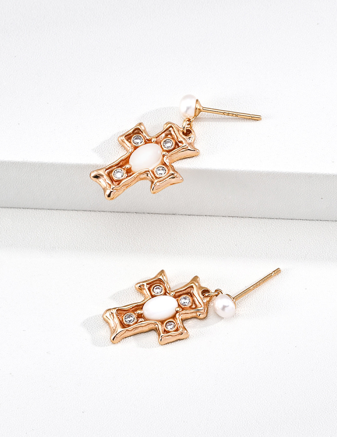 Gothic Cross Pearl Opal Stud Earrings