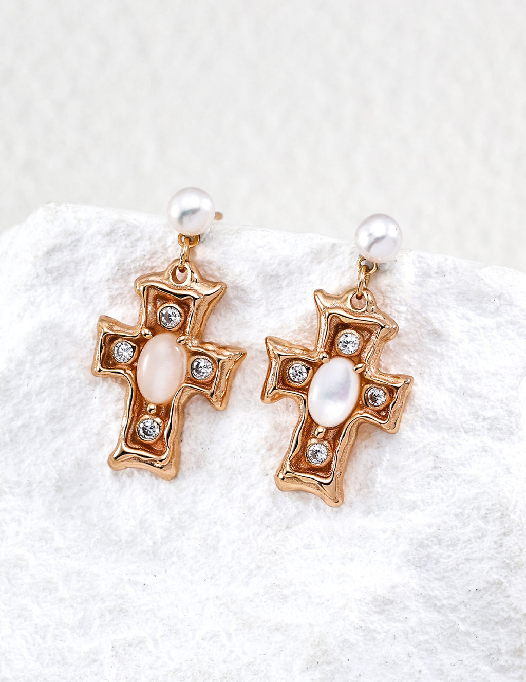Gothic Cross Pearl Opal Stud Earrings