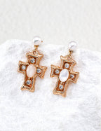 Gothic Cross Pearl Opal Stud Earrings