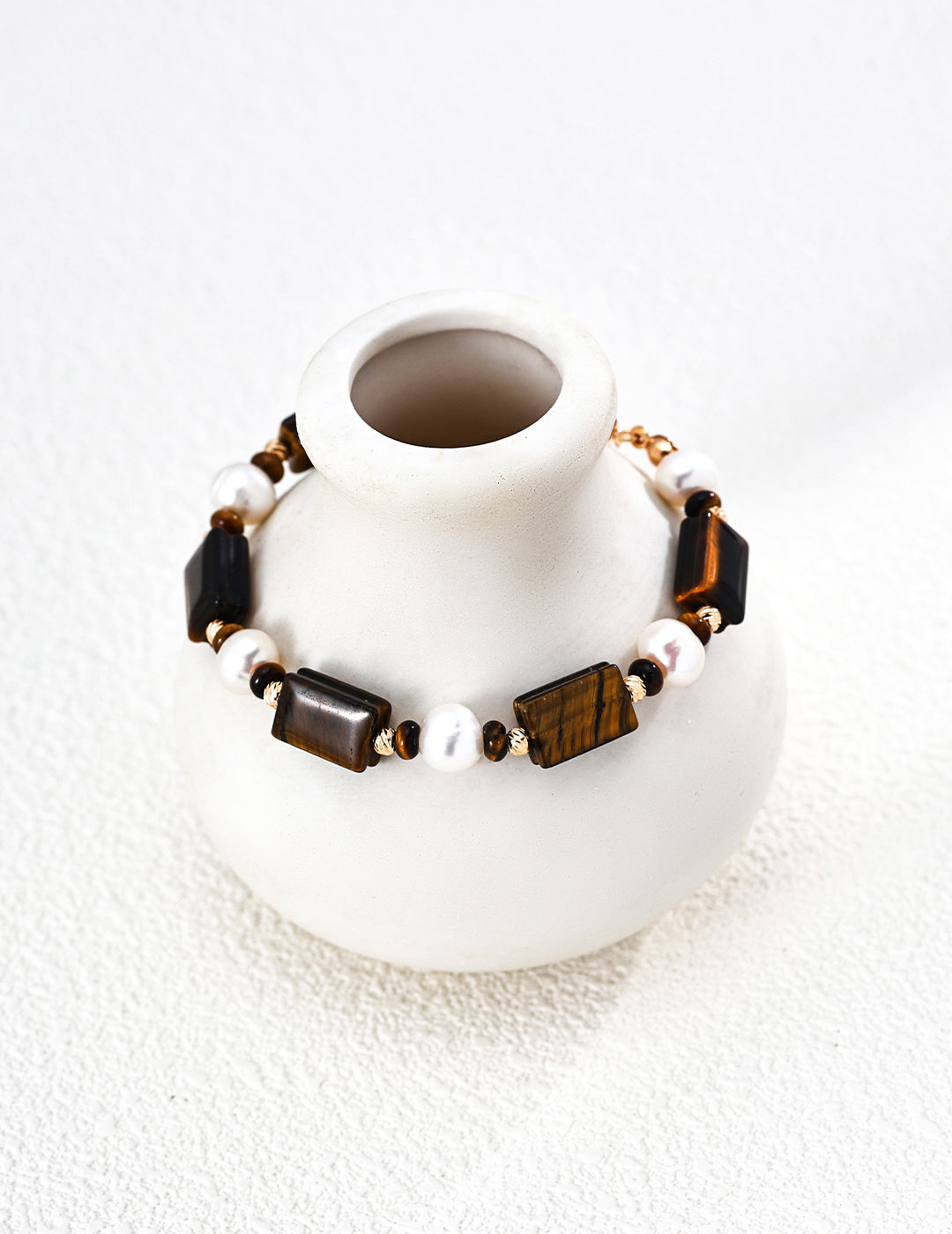 Tiger Eye & Pearl Square Round Bracelet
