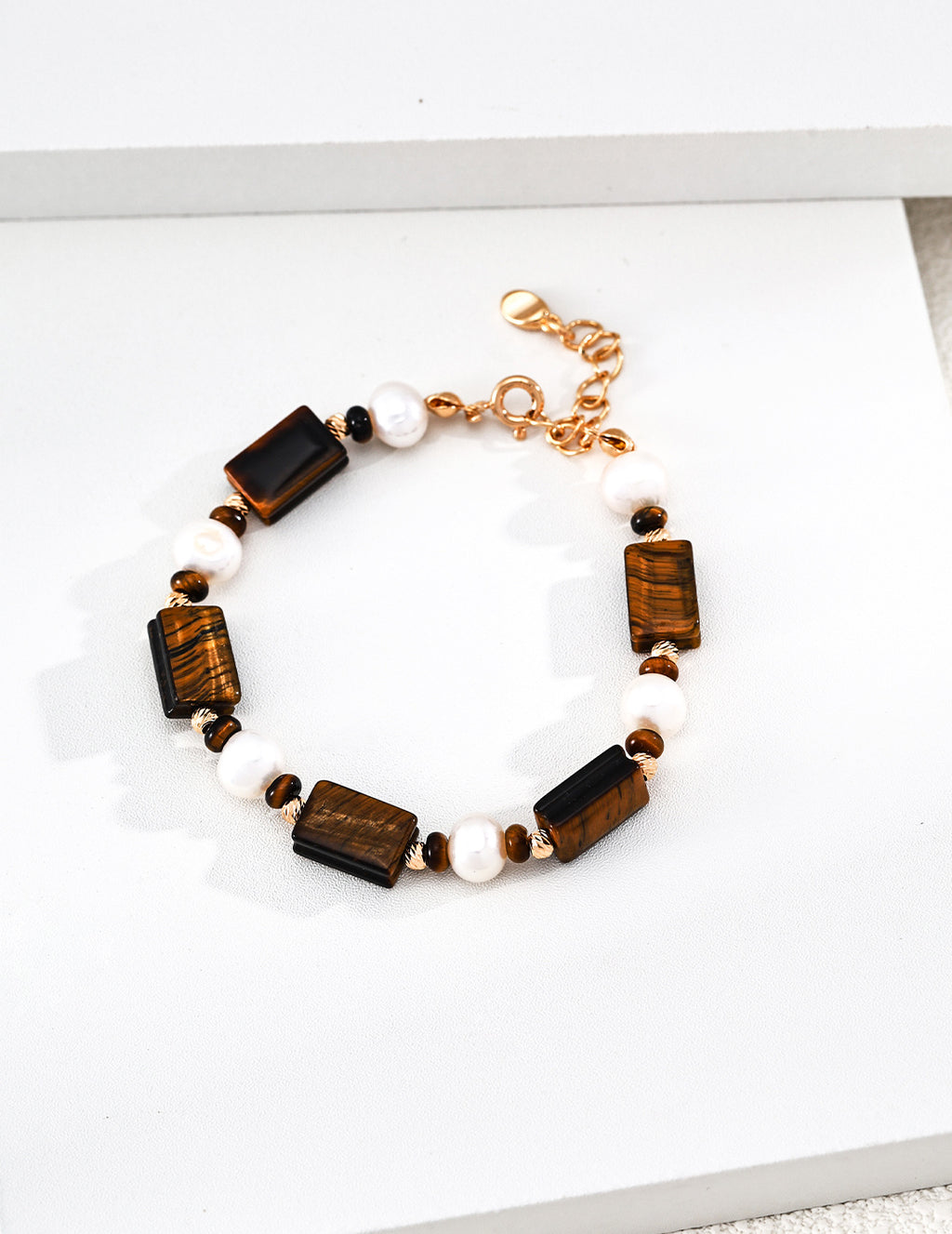 Tiger Eye & Pearl Square Round Bracelet