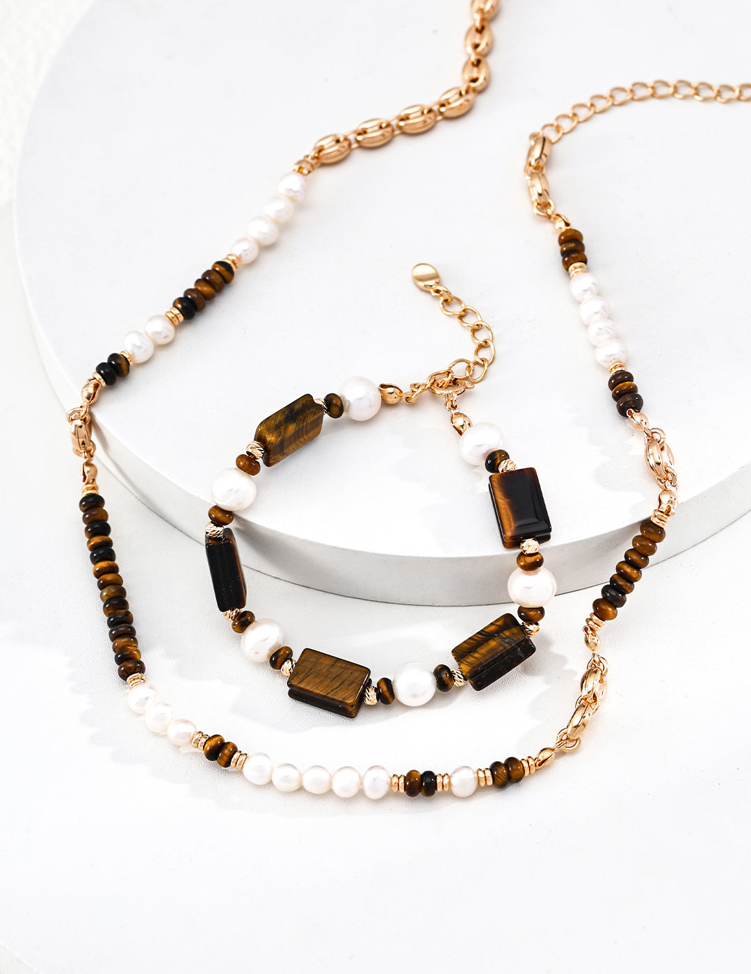 Tiger Eye & Pearl Square Round Bracelet