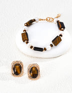 Tiger Eye & Pearl Square Round Bracelet
