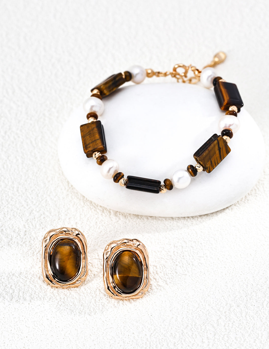 Tiger Eye & Pearl Square Round Bracelet