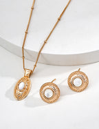 Gold Sun Pattern Shell Pearl Round Earrings