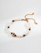 Gold Lapis Pearl Beaded Charm Bracelet/Necklace