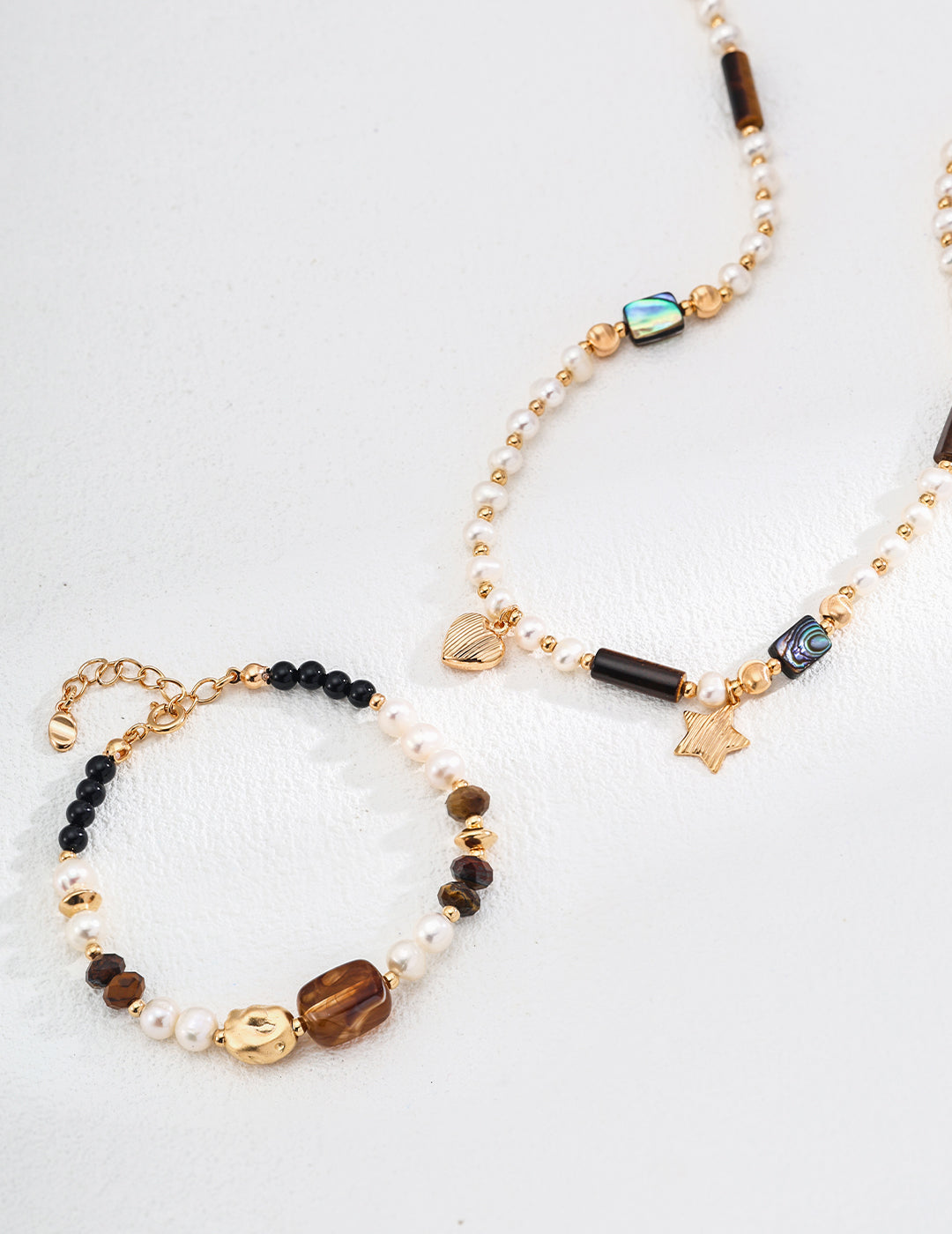 Tiger's Eye & Pearl Beaded Bracelet & Necklace Set